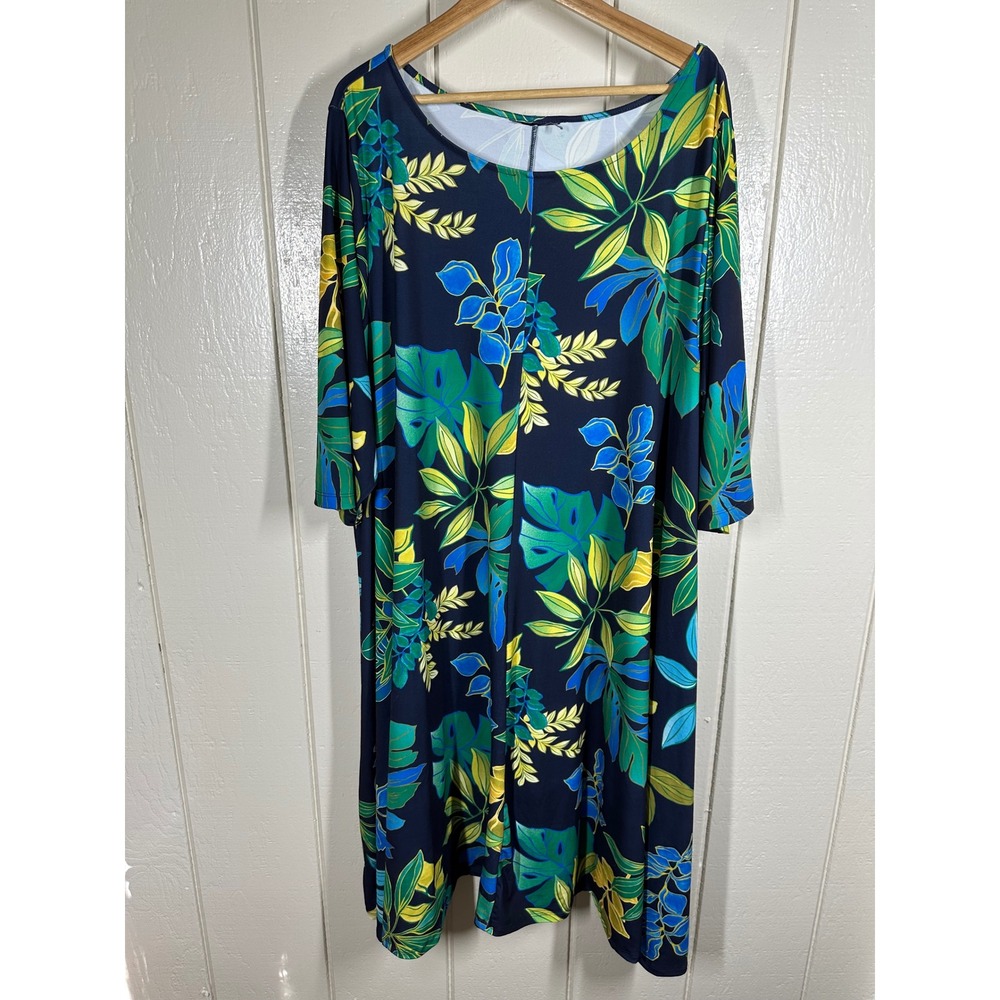 Woman Within Dress Womens 3X Petite Navy Blue Tropical Leaf Print Midi A-Line